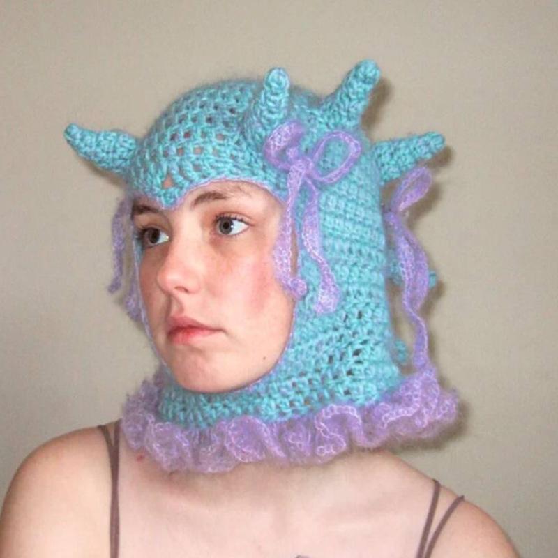New Handmade Crocheted Funny Cross Horn Hat Personalized Balaclava