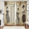 2PC Vintage Newspaper Victorian Lady Sheer Curtains - Retro French Fashion Print Window Drapes for Living Room Bedroom Decor