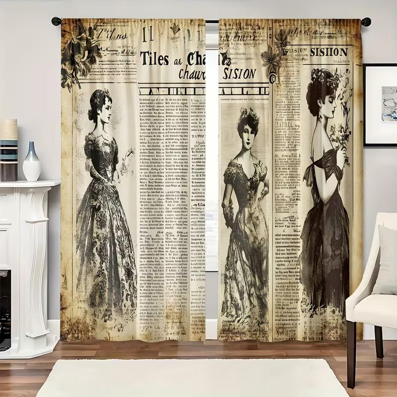 2PC Vintage Newspaper Victorian Lady Sheer Curtains - Retro French Fashion Print Window Drapes for Living Room Bedroom Decor