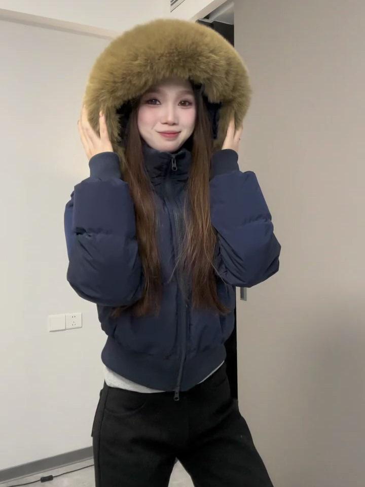 Women's Winter Retro Navy Blue Hooded Cotton-Padded Jacket - Thick & Warm Design