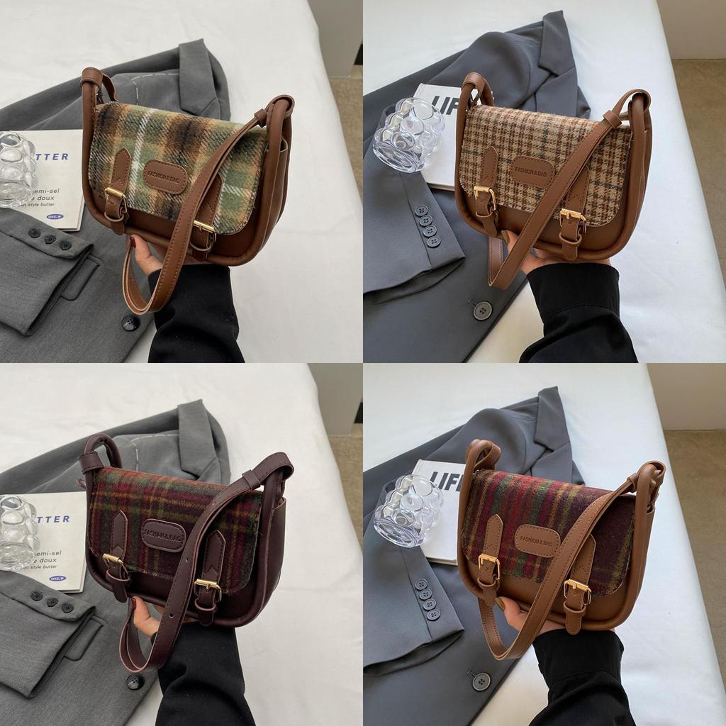 2024 Winter New Plaid Cloth Bag Fashion Casual Shoulder Bag Commuter Simple Crossbody Bag Retro Women's Bag Red Plaid Coffee