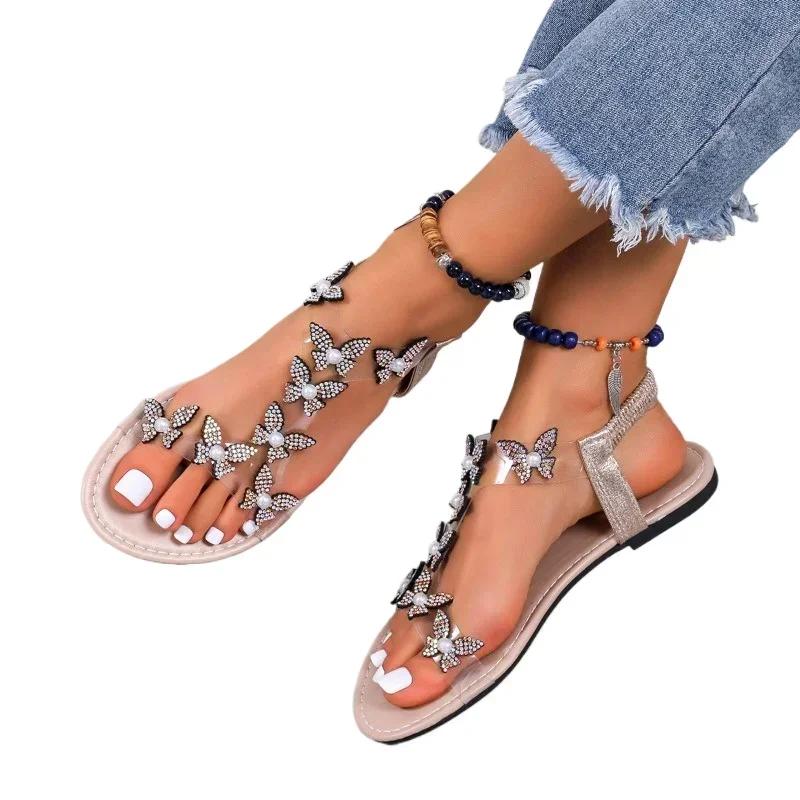 Fashion Summer Flat Women's Sandals Open Toe Women's Shoes One-line Buckle Butterfly Shoes