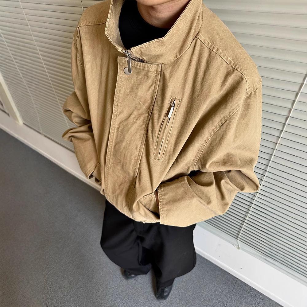 

Men s Retro Loose-Fit Canvas Work Jacket, Spring Streetwear Style with Stand Collar. XL темно-сірий