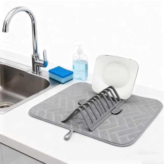 Foldable Dish Drying Mat Super Absorbent Microfiber Drain Pad Stackable Shelf Design Non-Slip Kitchen Counter Organizer for Drainage Storage