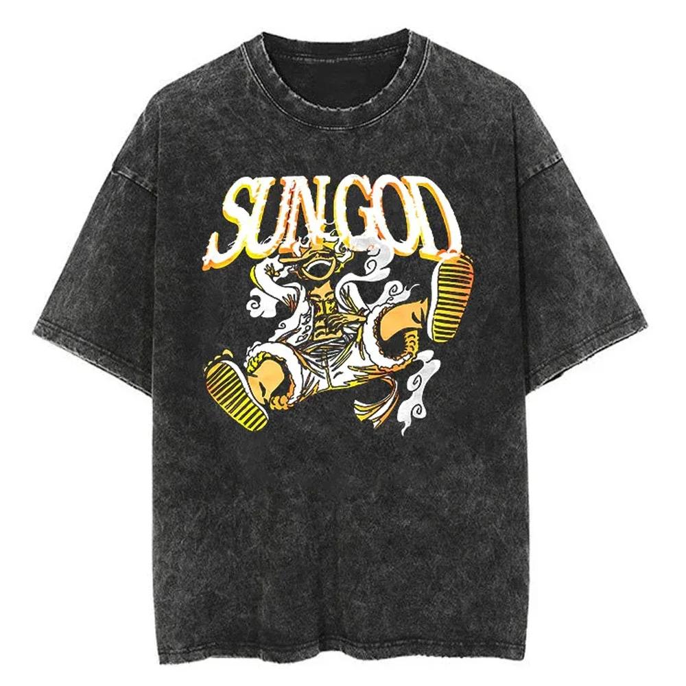

Casual Washed Harajuku Men T-shirt Cotton Washed Japanese Anime One Piece Graphic Loose Streetwear Black Tops Tees 3XL