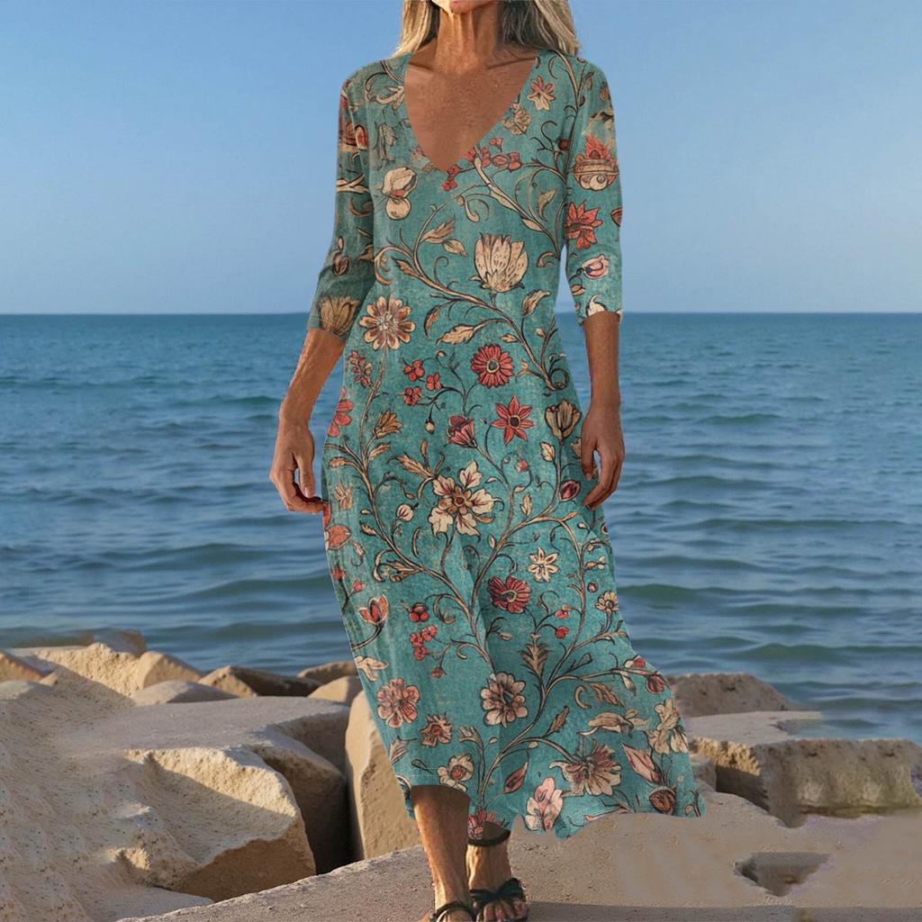 Dresses For Womens Vintage Print Tunic Waisted Midi Dress Summer Casual 3/4 Sleeve Dress