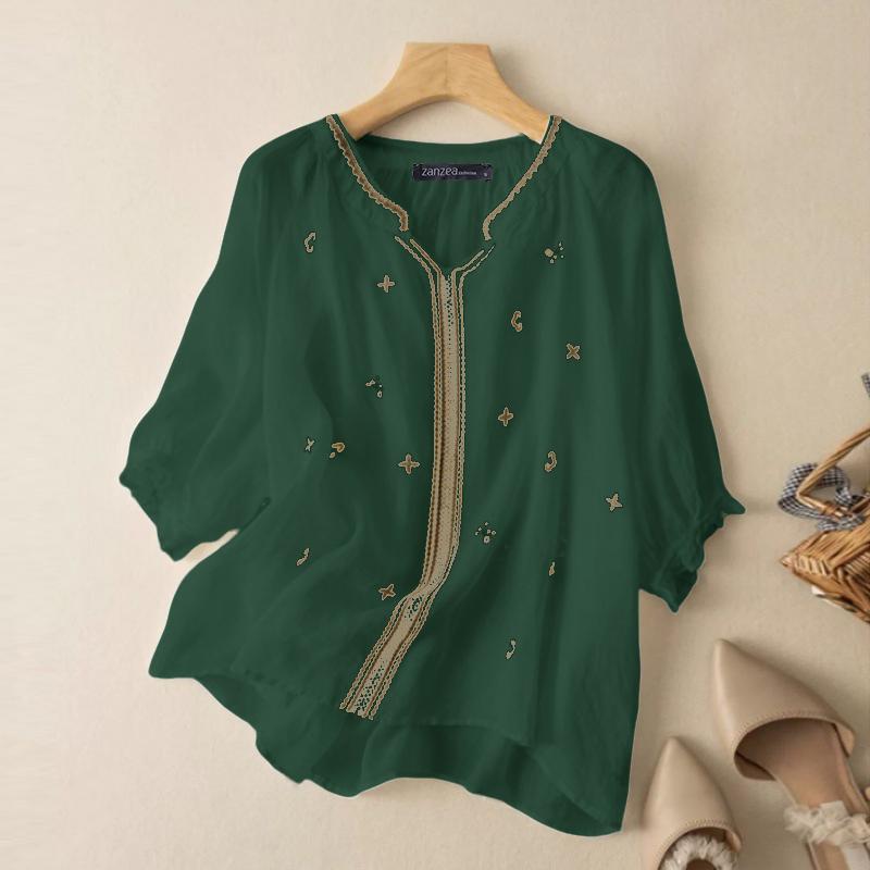 

ZANZEA Женская повседневная блузка с V-образным вырезом, рукавом 3/4 и свободным принтом 2XL темно-зеленого