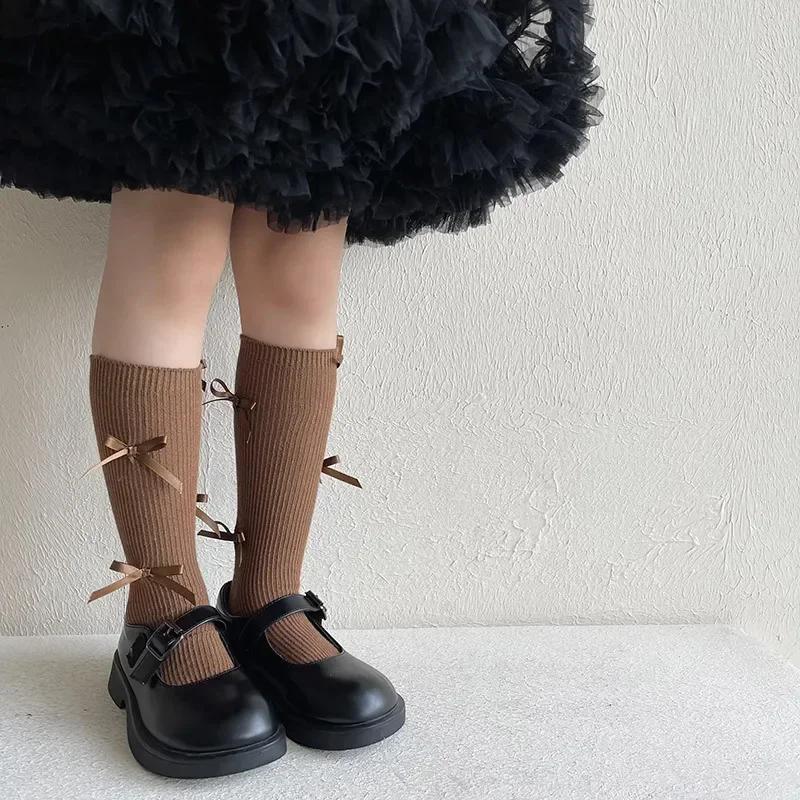 2 Pairs Girls Cotton Tube Socks With Cute Bow Vertical Striped Baby Stockings For Spring Autumn Winter New Arrival