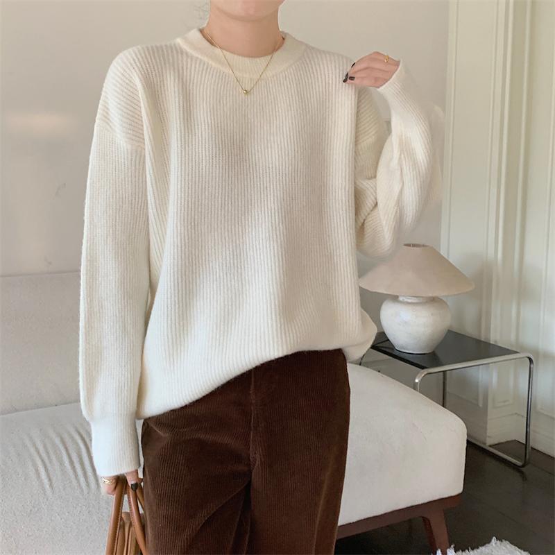 Hirsionsan Pulover tricotat cu mânecă lungă, ocazional, cu bază solidă, moale, pentru femei, cu gâtul în formă de O, pulover elegant, la modă, toamnă iarnă