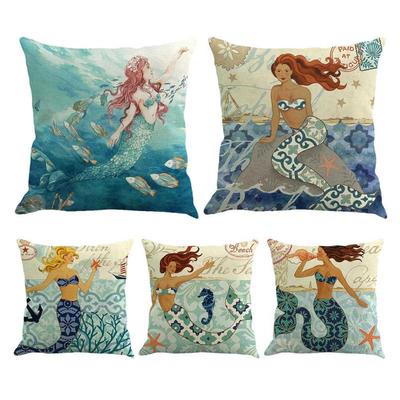 Ocean Mermaid Cotton Linen Throw Pillow Case Back Waist Cushion Cover Home Decor