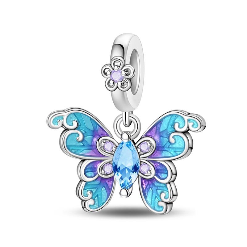 Fashion 925 Silver Colorful Butterfly Sparkling Beads Charms for DIY Bracelet Necklace Jewelry Making Gift