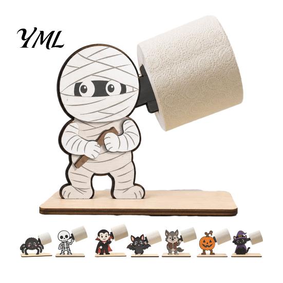 Funny Cartoon Skeleton Decor 2Pcs Halloween Paper Towel Holder, Animal Tabletop Roll Dispenser, Wooden Werewolf Decoration Tissue Stand for
