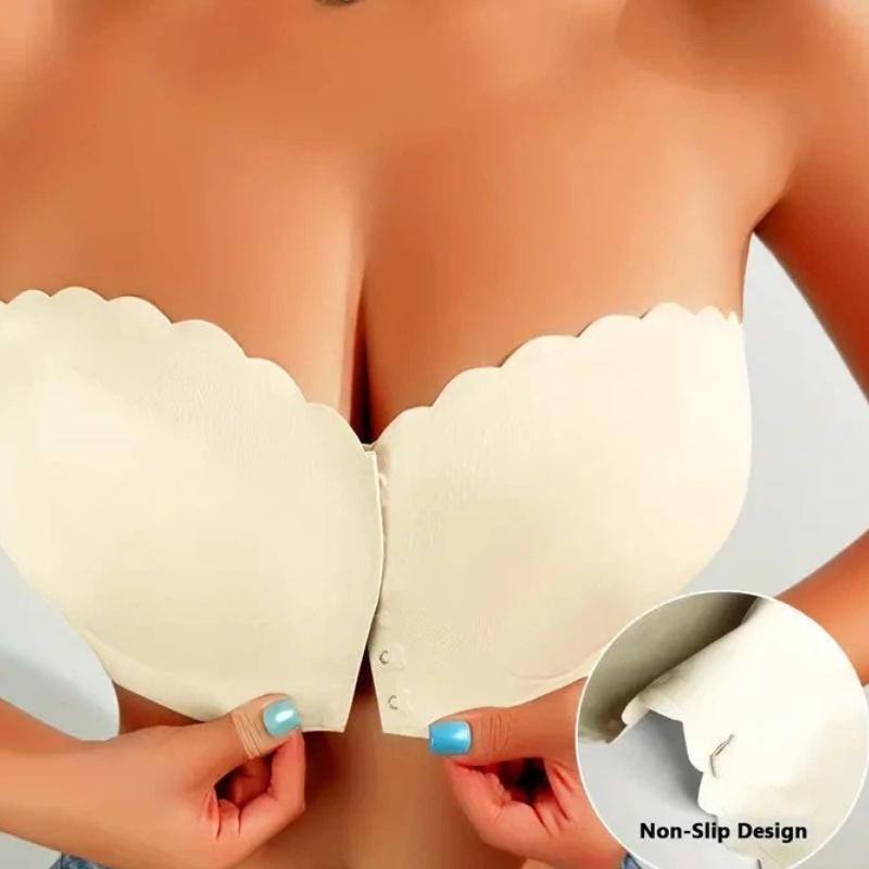 Women White Front-Closure Strapless Bra with Non-Slip Grip and Scalloped Trim