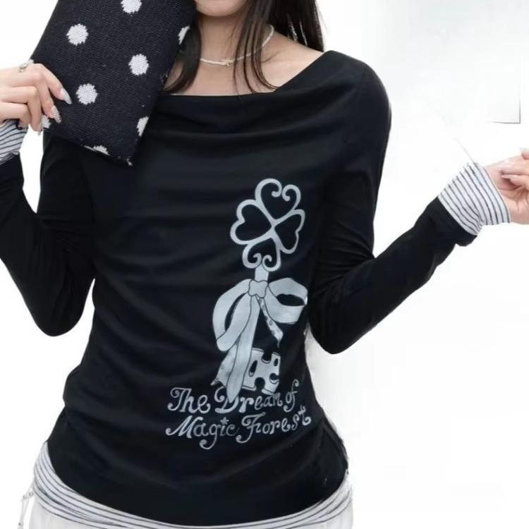 Y2k Aesthetic Fake Two Pieces T-shirt Harajuku Polka Dot Patchwork Casual Tops Women Printing Grunge Slim Fit Tshirts
