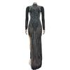 European & American Fashion Women's Solid Mesh Slit Long Dress with Hot Drill Accents