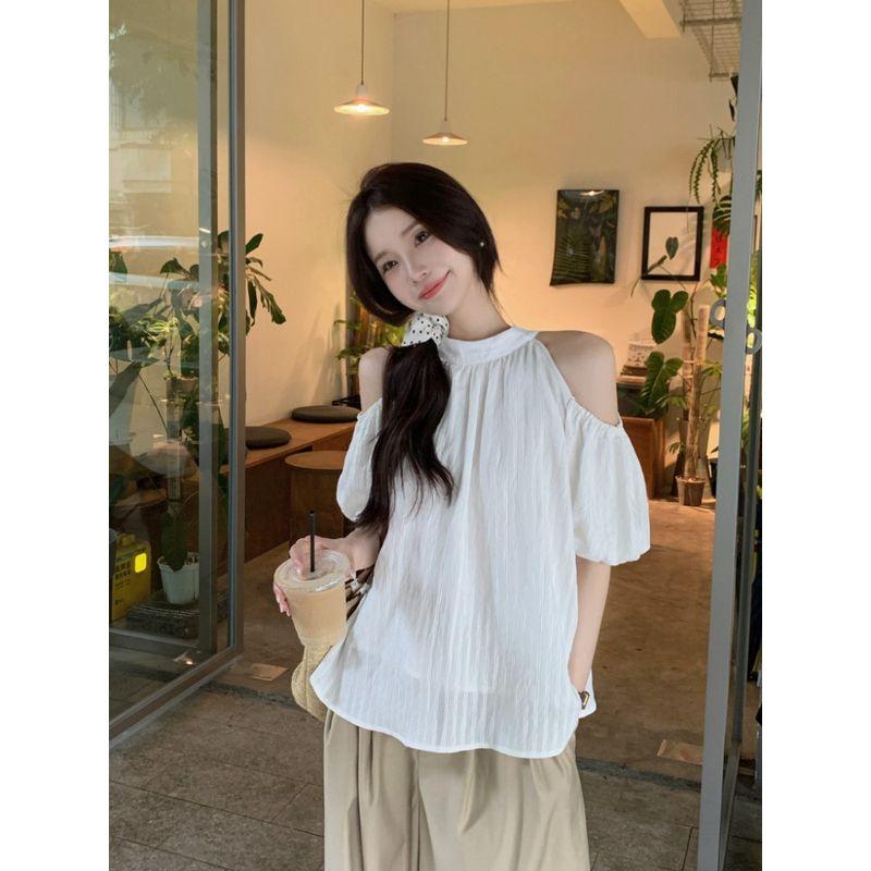 Kumikumi Sweet Style Stripe off-the-Shoulder Short sleeve Shirts Women clothes Summer Chic Bow Lace-up Loose Top