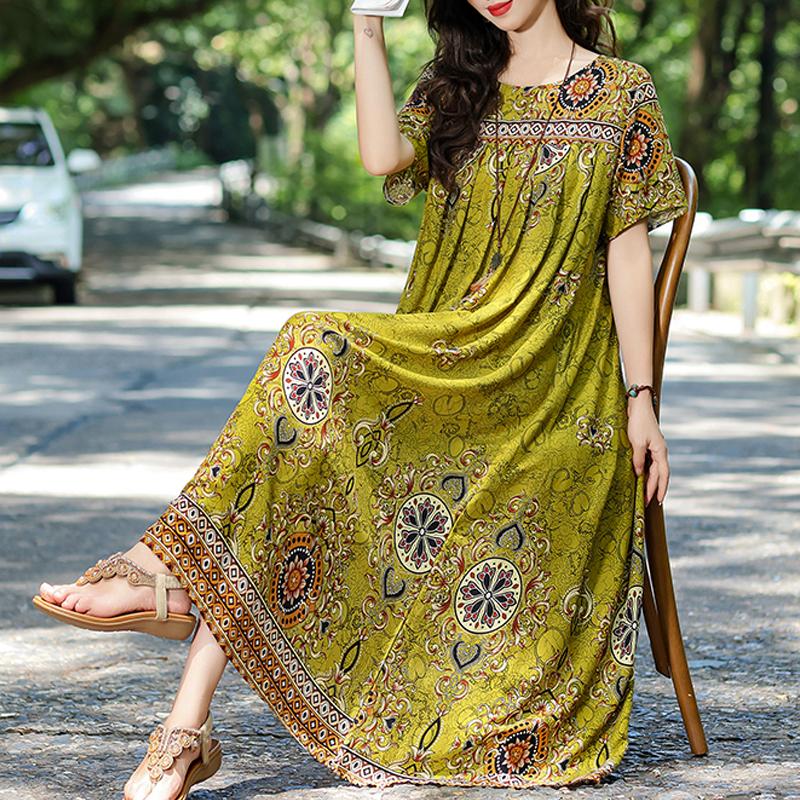 Elegant Summer Loose Dress Woman Vintage Clothes Plus Size Casual Short Sleeve Long Dresses