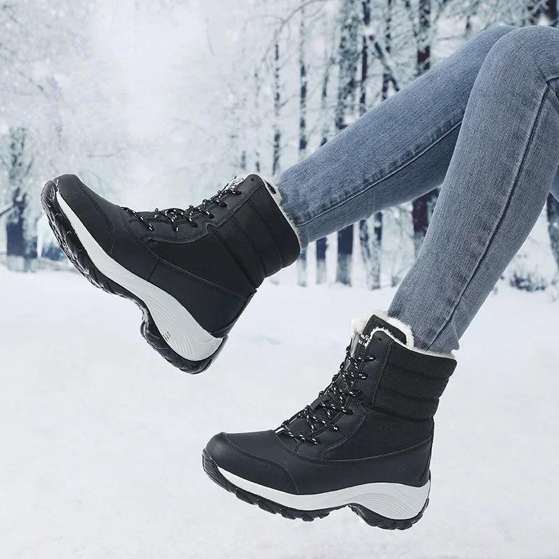 Boots for Women Platform Outdoor Snow Boots Non-slip Winter Walking Shoes Fur Warm Ankle Boots Wedge Waterproof Thigh High Boots