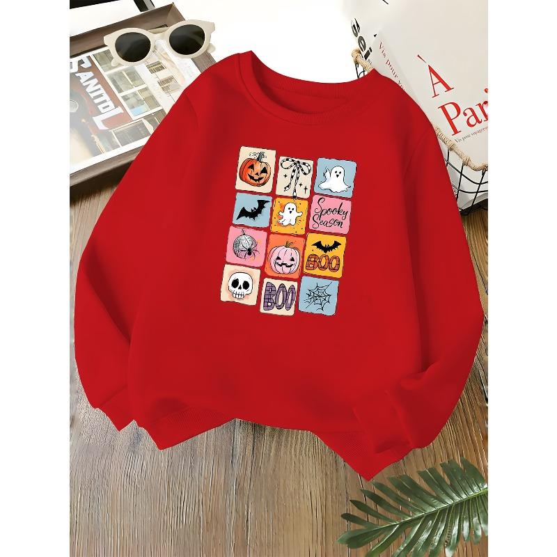 Kids Unisex Crewneck Sweatshirt, Spooky Season Grid Pumpkin Ghost Bat Skull Halloween Print Soft Fleece Pullover For Kids Over 4 Years Old
