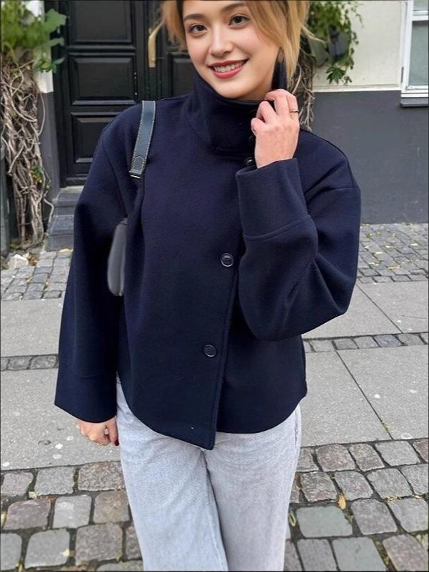 Europäische und amerikanische Herbst- und Winter-Neuheiten Damenbekleidung Temperament elegant Stehkragen Knopf Langarm Wolljacke
