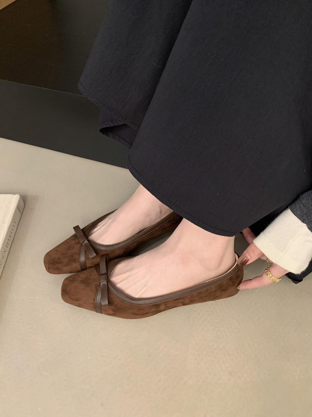 

Retro square head single shoes women s bow Mary Jane shoes flat soft sister small leather shoes fairy wind ladyshoes 40 коричневий