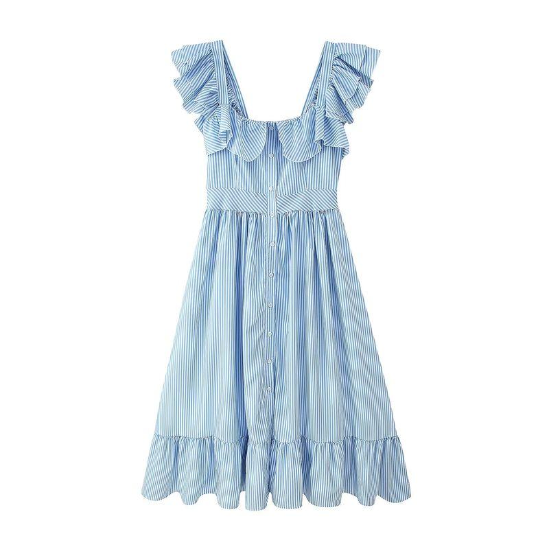 

Summer New Arrival Women clothes Sweet Style Square Collar Single Breasted Slim fit Stripe Frill Waist Hugging Long Dress Blue L