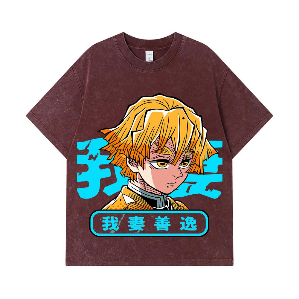 275 GSM Washed T-shirts 100% Cotton Demon Slayer V100 Zenitsu Print Unisex Heavy Cotton T Shirt