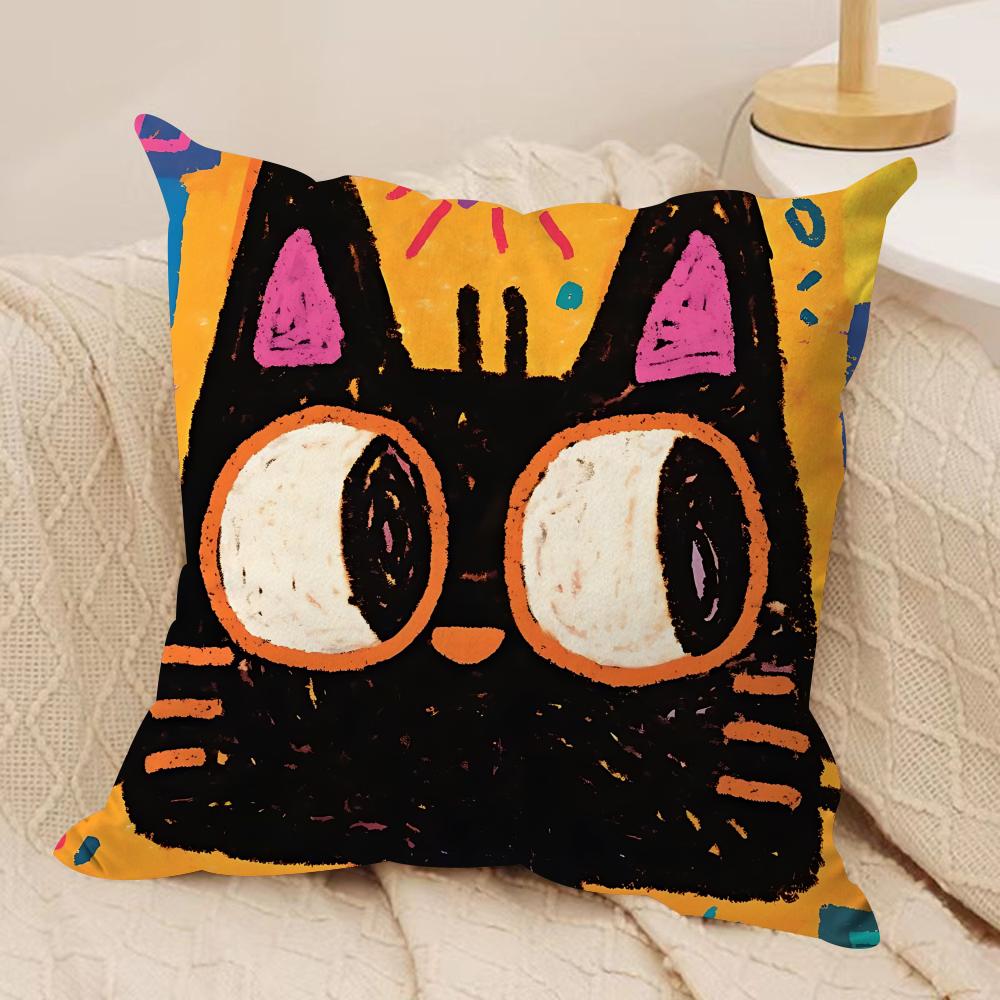 Art Dopamine Doodle Cat Cushion Cover Silky Short Plush Invisible Zipper Dustproof Sofa Pillow Case For Home Decor