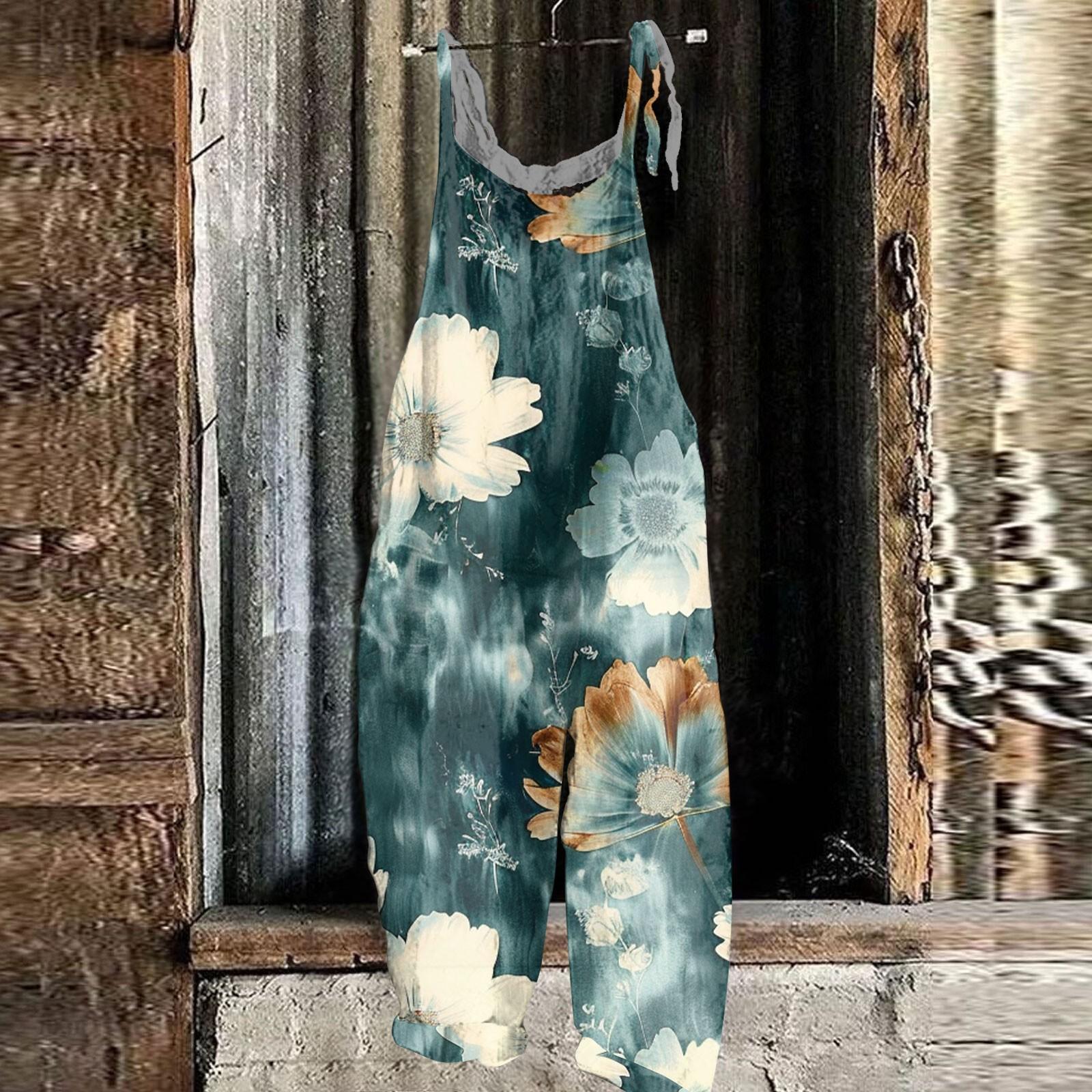 

Женский комбинезон с цветочным принтом, повседневный свободный винтажный комбинезон из хлопка и льна S темно-зеленого