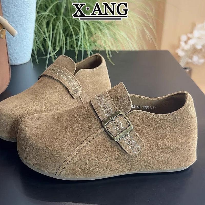 Cowhide Version All-inclusive Women's Autumn New Thick-soled Inner Height-increasing Women's Shoes Casual One-pedal Single Shoes