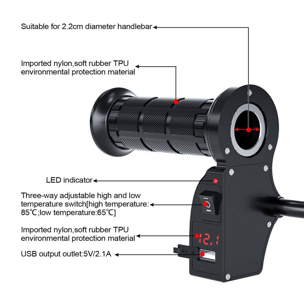 Universal Motorcycle Heated Grips 22mm Molded Grips ATV Heaters Temperature Control Hot Handlebar with USB