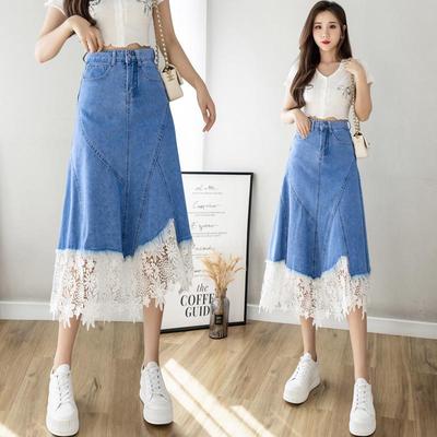 Fustă din denim cu dantelă, în linie A, cu talie înaltă pentru femei - Colecția Primăvară/Vară 2025