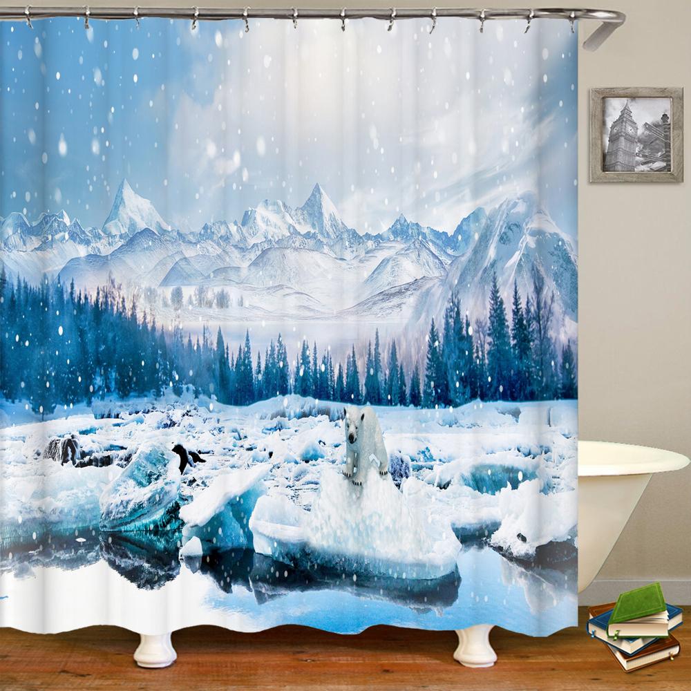 Natural Landscape Shower Curtains Bathroom Curtain Snow Scene Cedar Waterproof Polyester Bath Curtain Home Decorationwith Hooks