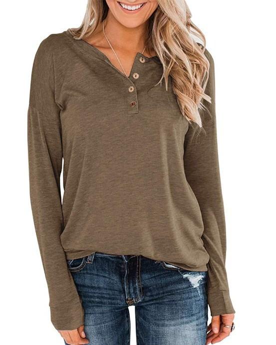 Women Solid Knit Long Sleeve Henley T Shirt Button V Neck Loose Casual Pullover Tops For Spring
