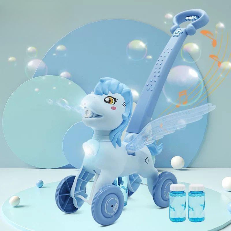 Pony Bubble Machine for Kids Automatic Bubble Lawn Mower with Light & Music Bubble Cart Outdoor Push Toys for Birthday Gift