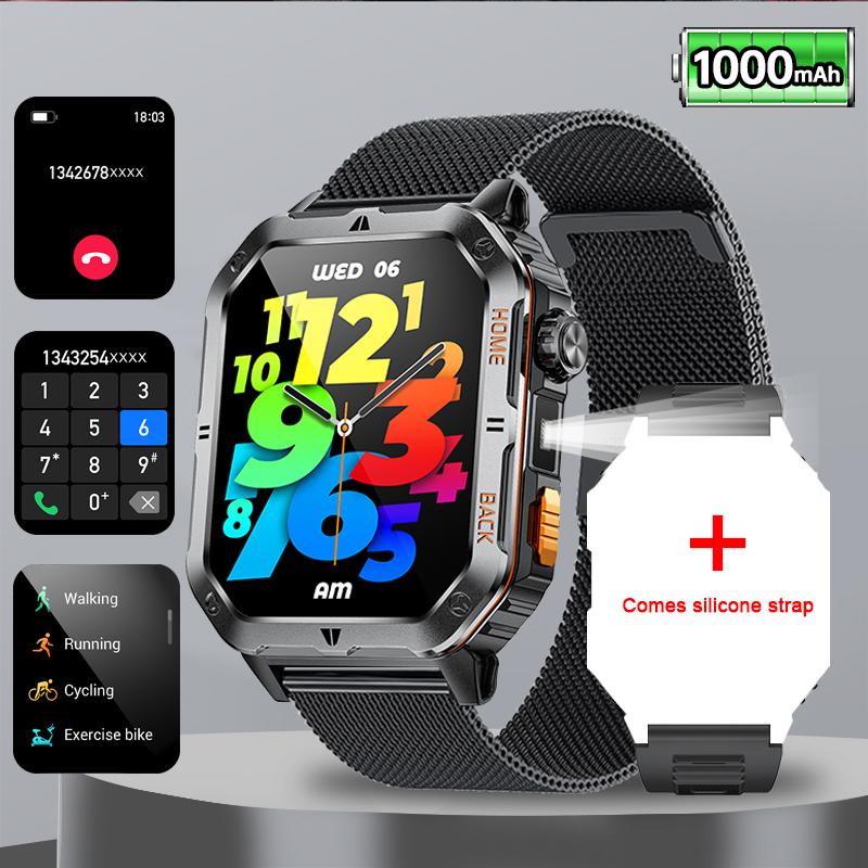Rugged Military 1000mAh Smart Watch Men Outdoor Flashlight  Watch 2.01" HD Touch Screen Voice Bluetooth Call Smartwatch NEW