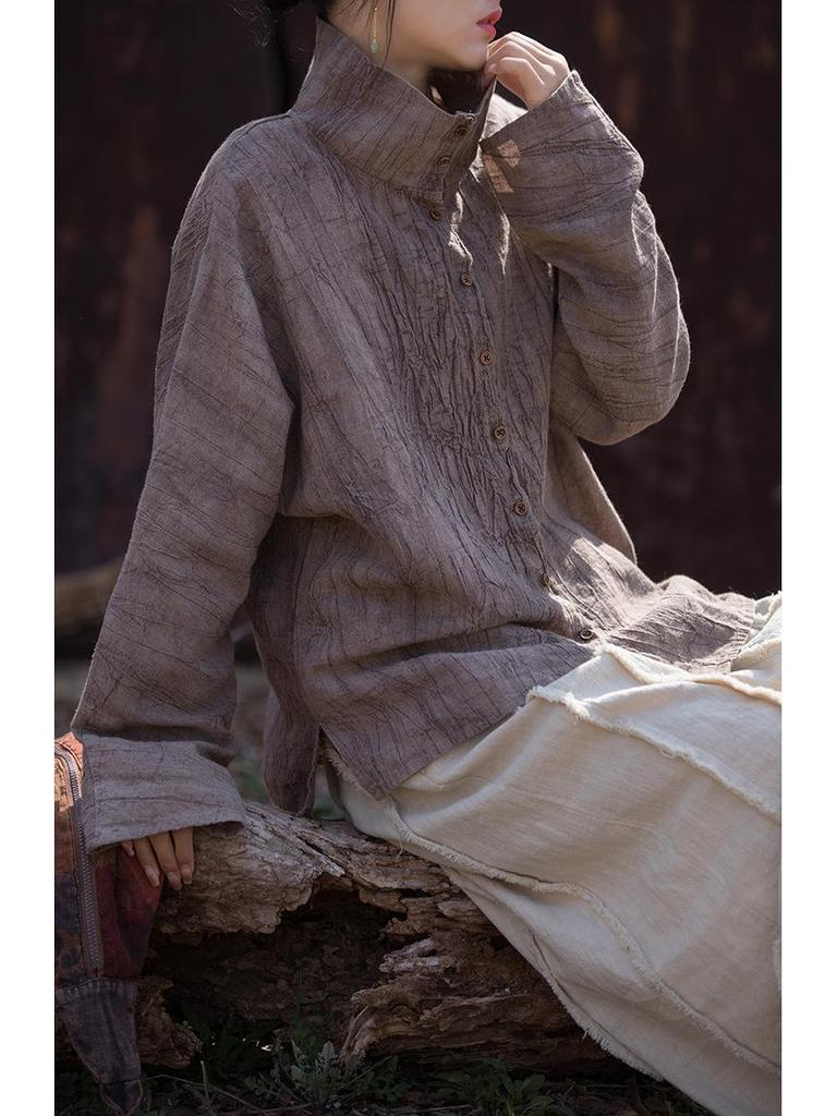 Women's Winter Tie-Dye Ramie Cotton Cardigan - Loose, Semi-High Collar Shirt in National Style.