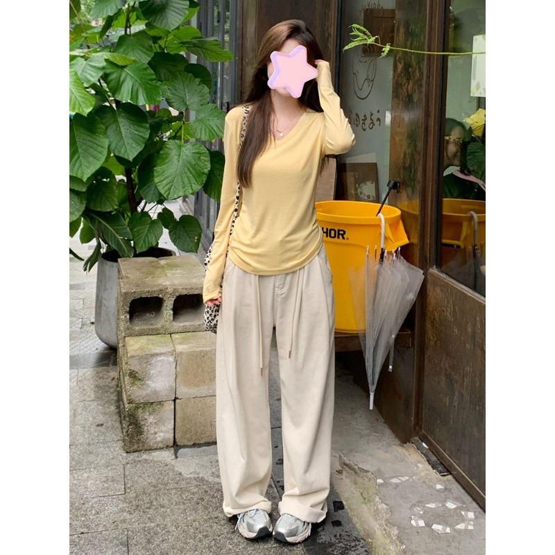 Neck bright yellow thin long-sleeved shirt women's bottoming shirt autumn slim fit pure desire style thin inner basic top