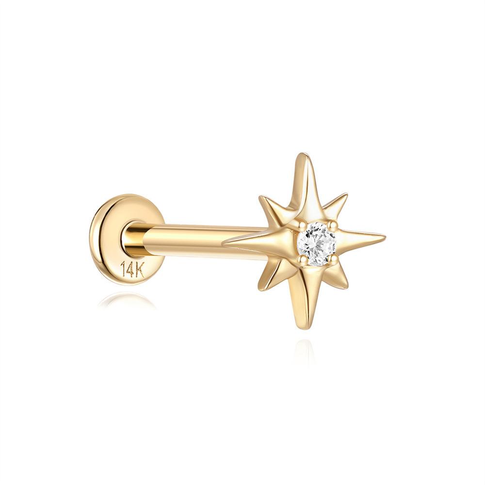 14K Golden Wind Horse Eye Octagon Star Piercing Internal Thread Flat Bottom 18G Ear Bone Nail Gold Earrings
