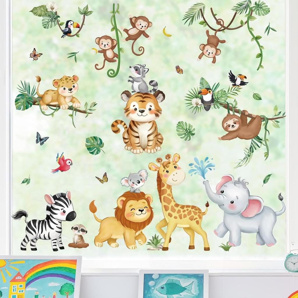 Decalmile Summer Safari Double Sided Jungle Animals Window Clings - Elephant, Monkey, Lion, Giraffe Decals - Anti-Collision Glass Stickers