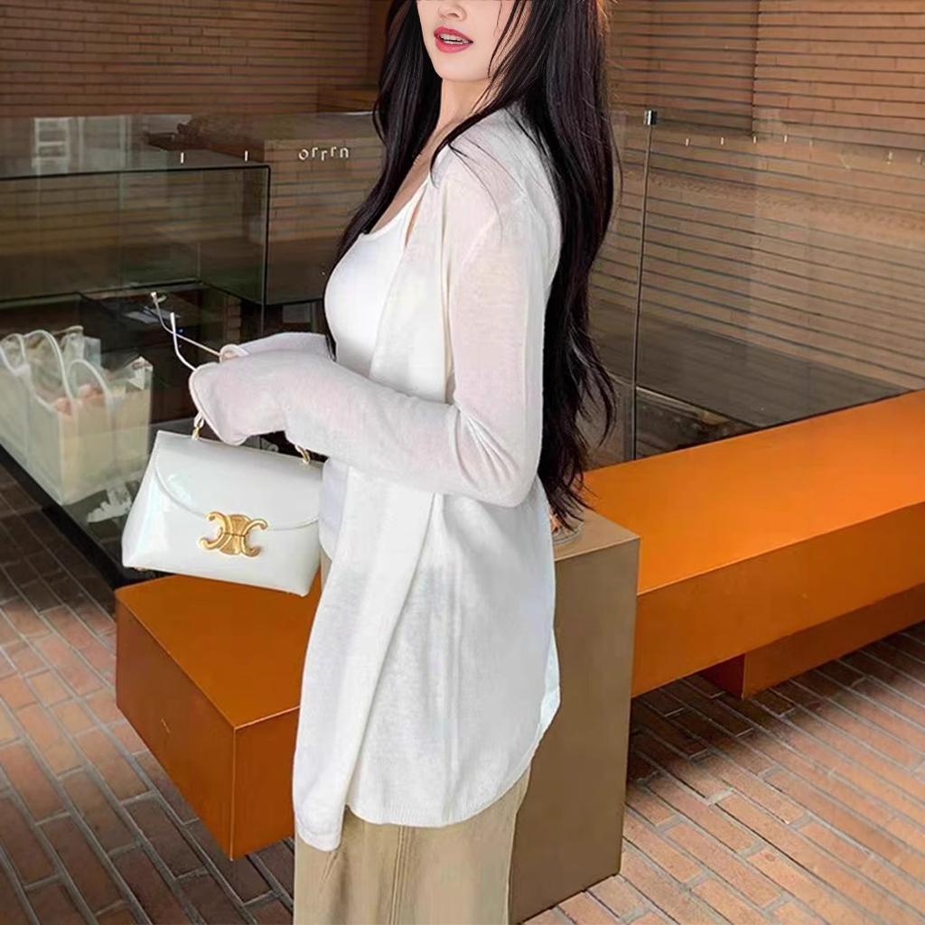 Long-sleeved thin slightly transparent lazy wind medium and long outer sunscreen blouse women's spring summer coat knitted cardigan top