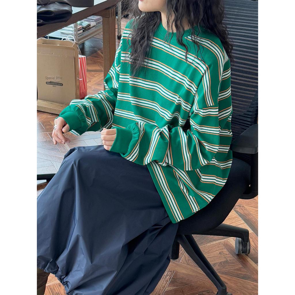 Tricou cu dungi retro coreean Louvre - Top casual de primăvară pentru femei