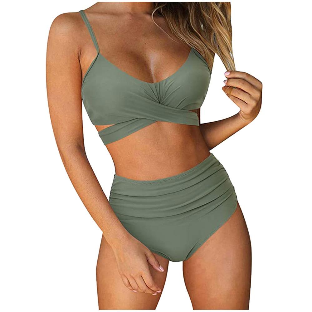 Europäischer und amerikanischer Bikini-Badeanzug für Damen mit hoher Taille und geteilter Cross-Bag