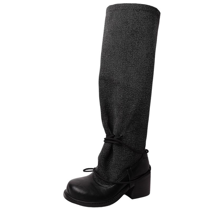 Fashion temperament High sense straps Skinny boots Women's 2025 Autumn and winter stitching thick heel high heel boots Knight boots