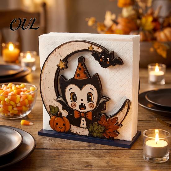 Cute Owl Table Decor Halloween Wood Napkin Holder, Rustic Ghost Skeleton Pumpkin Dispenser, Vertical Holder Vintage Tabletop Standing Tissue