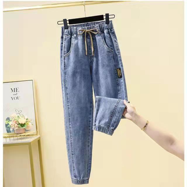 Womens Elastic High Waist Denim Trousers Drawstring Jogger Harem Pants Long Ankle Trousers Blue Loose Cowboy Pants New 2024
