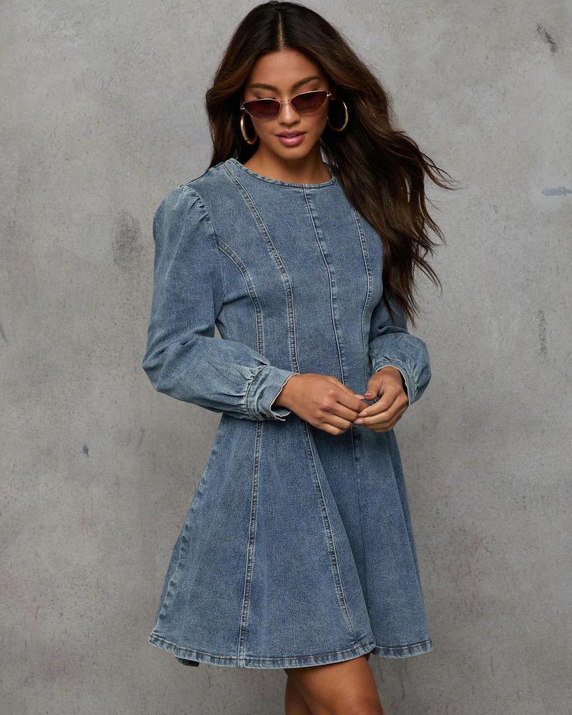 Elegant Autumn Patchwork Waist-Cinching Denim Dress - Long-Sleeved for Women