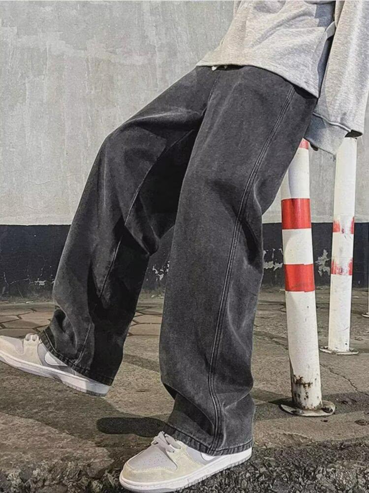 Men's Straight Leg Loose Fit Elastic Waist Jeans - Spring/Summer Trend, Casual Wide-Leg Pants