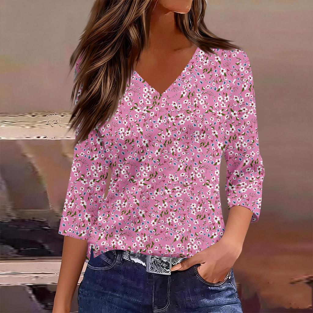 Damen Casual V-Ausschnitt Bluse mit Farbverlauf Blumenprint, geteiltem Saum und 3/4-Ärmeln