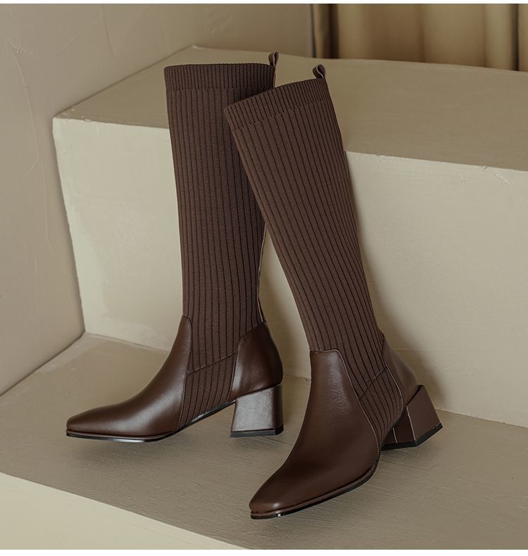 Fashion Comemore Retro Knitted Knee High Elastic Boots Chunky High Heeled Women's Sock Long Boots Casual Slip on Autumn Single Botas